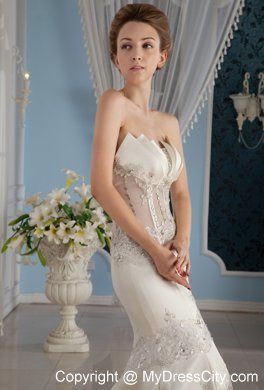 Sheer Mermaid Strapless Court Train Lace and Satin Beaded Wedding Dress