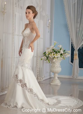 Sheer Mermaid Strapless Court Train Lace and Satin Beaded Wedding Dress