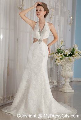 Sexy Trumpet Mermaid Halter Watteau Train Wedding Dress with Rhinestone