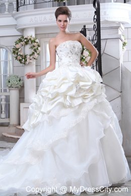 Strapless A-line Organza Beading and Appliques Wedding Dress with Pick-ups