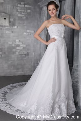 White Strapless A-Line Chapel Train Lace and Beading Wedding Gown