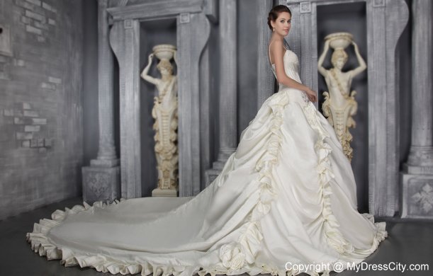 White Princess Straps Taffeta Beading Wedding Dress with cathedral Train
