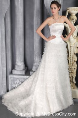 High end Strapless A-Line Sweep Satin and Tulle Ruffled Dress for Brides