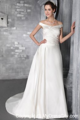 White Column Sheathy Off The Shoulder Court Train Flowery Bridal Dress