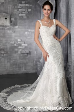 Fabulous Mermaid Trumpet Straps Court Train Appliqued Lace Bridal Gown