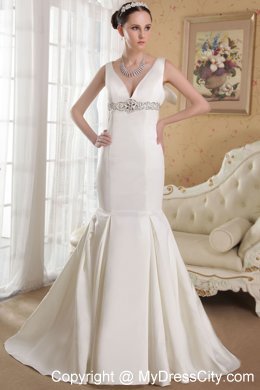 Lovely White Mermaid V-neck Court Train Beading Sleek Wedding Dress