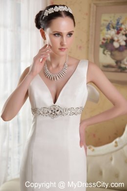 Lovely White Mermaid V-neck Court Train Beading Sleek Wedding Dress