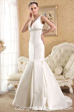 Lovely White Mermaid V-neck Court Train Beading Sleek Wedding Dress
