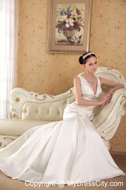 Lovely White Mermaid V-neck Court Train Beading Sleek Wedding Dress