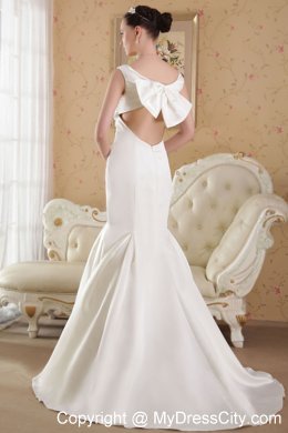Lovely White Mermaid V-neck Court Train Beading Sleek Wedding Dress