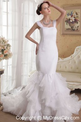 White Sheathy Mermaid Straps Court Train Wedding Dress with Ruffled Layers