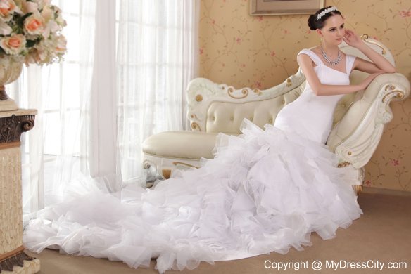 White Sheathy Mermaid Straps Court Train Wedding Dress with Ruffled Layers
