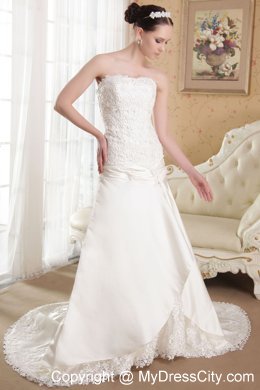 White Strapless A-Line Princess Brush Train Taffeta Appliques Wedding Dress