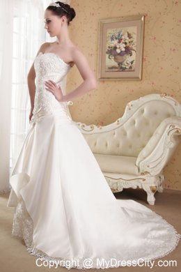 White Strapless A-Line Princess Brush Train Taffeta Appliques Wedding Dress