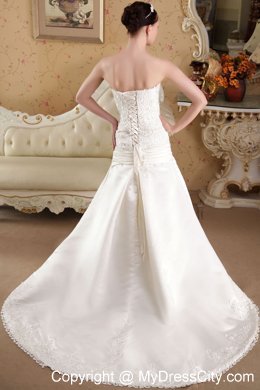 White Strapless A-Line Princess Brush Train Taffeta Appliques Wedding Dress