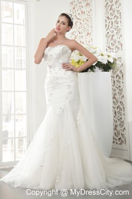 Exquisite Strapless Court Train Tulle Beaded Mermaid Bridal Gowns with Sash