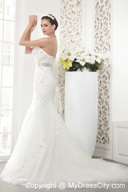 Exquisite Strapless Court Train Tulle Beaded Mermaid Bridal Gowns with Sash