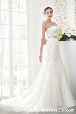 Exquisite Strapless Court Train Tulle Beaded Mermaid Bridal Gowns with Sash