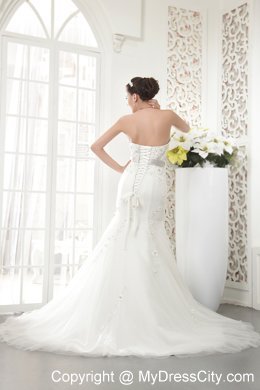 Exquisite Strapless Court Train Tulle Beaded Mermaid Bridal Gowns with Sash