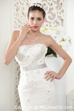 Exquisite Strapless Court Train Tulle Beaded Mermaid Bridal Gowns with Sash