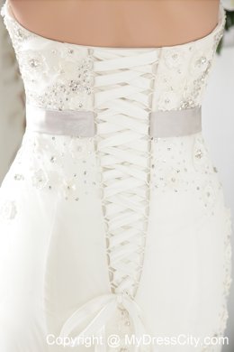 Exquisite Strapless Court Train Tulle Beaded Mermaid Bridal Gowns with Sash