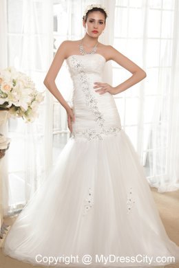 Wonderful A-line Strapless Chapel Train Beaded Organza Wedding Dresses