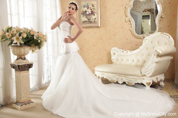 Wonderful A-line Strapless Chapel Train Beaded Organza Wedding Dresses
