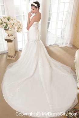 Wonderful A-line Strapless Chapel Train Beaded Organza Wedding Dresses