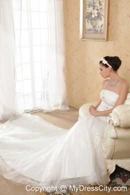 Wonderful A-line Strapless Chapel Train Beaded Organza Wedding Dresses