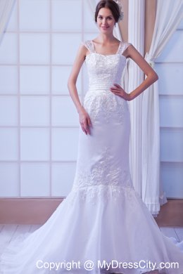 Mermaid Wide Straps Organza Appliques Wedding Dress with Court Train