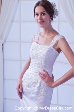 Mermaid Wide Straps Organza Appliques Wedding Dress with Court Train