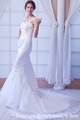 Mermaid Wide Straps Organza Appliques Wedding Dress with Court Train