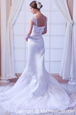 Mermaid Wide Straps Organza Appliques Wedding Dress with Court Train