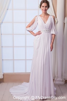 Customize Empire V-neck Court Train Beaded Chiffon Dress for Wedding