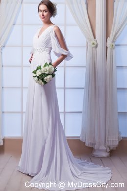 Customize Empire V-neck Court Train Beaded Chiffon Dress for Wedding