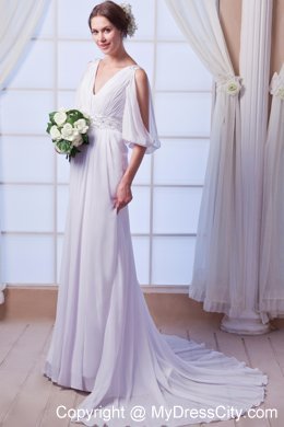 Customize Empire V-neck Court Train Beaded Chiffon Dress for Wedding