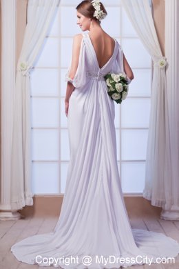 Customize Empire V-neck Court Train Beaded Chiffon Dress for Wedding