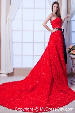 Red A-line Strapless Cathedral Train Beading and Sash Flowery Wedding Dress