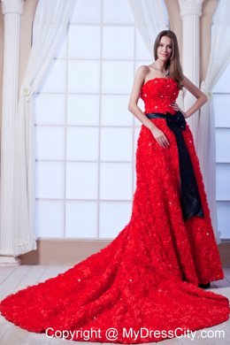 Red A-line Strapless Cathedral Train Beading and Sash Flowery Wedding Dress