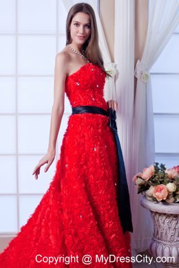 Red A-line Strapless Cathedral Train Beading and Sash Flowery Wedding Dress
