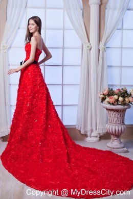 Red A-line Strapless Cathedral Train Beading and Sash Flowery Wedding Dress
