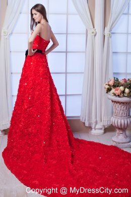 Red A-line Strapless Cathedral Train Beading and Sash Flowery Wedding Dress