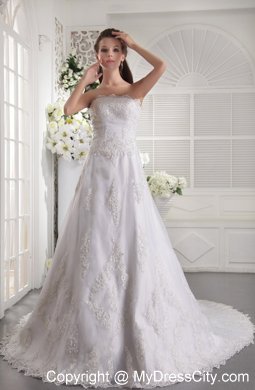 Princess White Strapless Satin and Lace Beaded Chapel Train Bridal Gown