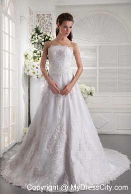 Princess White Strapless Satin and Lace Beaded Chapel Train Bridal Gown