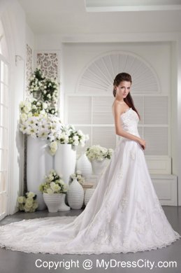 Princess White Strapless Satin and Lace Beaded Chapel Train Bridal Gown