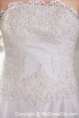 Princess White Strapless Satin and Lace Beaded Chapel Train Bridal Gown