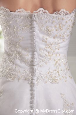 Princess White Strapless Satin and Lace Beaded Chapel Train Bridal Gown