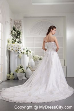 Princess White Strapless Satin and Lace Beaded Chapel Train Bridal Gown