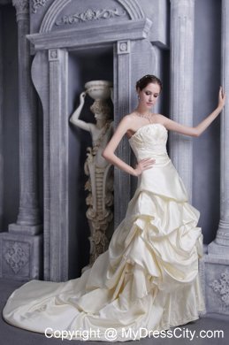 Special Champagne Strapless Court Train A-line Wedding Dress with Appliques