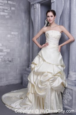 Special Champagne Strapless Court Train A-line Wedding Dress with Appliques